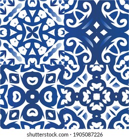 Decorative color ceramic azulejo tiles. Modern design. Collection of vector seamless patterns. Blue folk ethnic ornaments for print, web background, surface texture, towels, pillows, wallpaper.