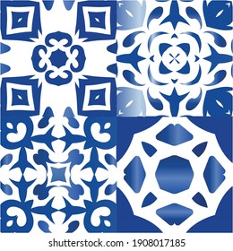 Decorative color ceramic azulejo tiles. Set of vector seamless patterns. Minimal design. Blue folk ethnic ornaments for print, web background, surface texture, towels, pillows, wallpaper.