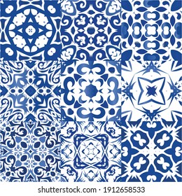 Decorative color ceramic azulejo tiles. Kit of vector seamless patterns. Stylish design. Blue folk ethnic ornaments for print, web background, surface texture, towels, pillows, wallpaper.