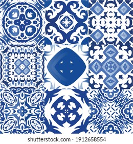 Decorative color ceramic azulejo tiles. Hand drawn design. Set of vector seamless patterns. Blue folk ethnic ornaments for print, web background, surface texture, towels, pillows, wallpaper.