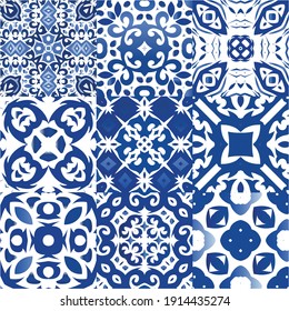 Decorative color ceramic azulejo tiles. Kit of vector seamless patterns. Kitchen design. Blue folk ethnic ornaments for print, web background, surface texture, towels, pillows, wallpaper.