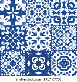 Decorative color ceramic azulejo tiles. Geometric design. Kit of vector seamless patterns. Blue folk ethnic ornaments for print, web background, surface texture, towels, pillows, wallpaper.