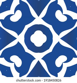 Decorative color ceramic azulejo tiles. Vector seamless pattern flyer. Universal design. Blue folk ethnic ornament for print, web background, surface texture, towels, pillows, wallpaper.
