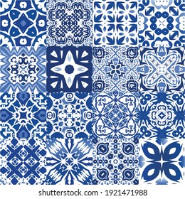 Decorative color ceramic azulejo tiles. Universal design. Kit of vector seamless patterns. Blue folk ethnic ornaments for print, web background, surface texture, towels, pillows, wallpaper.
