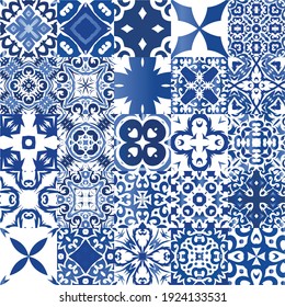 Decorative color ceramic azulejo tiles. Collection of vector seamless patterns. Fashionable design. Blue folk ethnic ornaments for print, web background, surface texture, towels, pillows, wallpaper.