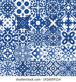 Decorative color ceramic azulejo tiles. Kit of vector seamless patterns. Colored design. Blue folk ethnic ornaments for print, web background, surface texture, towels, pillows, wallpaper.