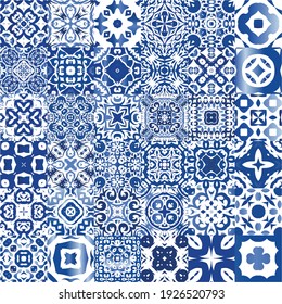 Decorative color ceramic azulejo tiles. Universal design. Set of vector seamless patterns. Blue folk ethnic ornaments for print, web background, surface texture, towels, pillows, wallpaper.