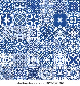Decorative color ceramic azulejo tiles. Collection of vector seamless patterns. Geometric design. Blue folk ethnic ornaments for print, web background, surface texture, towels, pillows, wallpaper.