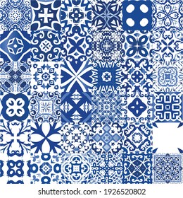 Decorative color ceramic azulejo tiles. Kit of vector seamless patterns. Colored design. Blue folk ethnic ornaments for print, web background, surface texture, towels, pillows, wallpaper.