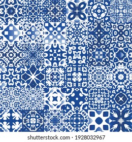 Decorative color ceramic azulejo tiles. Set of vector seamless patterns. Original design. Blue folk ethnic ornaments for print, web background, surface texture, towels, pillows, wallpaper.