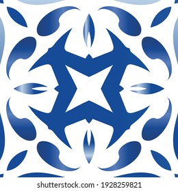 Decorative color ceramic azulejo tiles. Fashionable design. Vector seamless pattern theme. Blue folk ethnic ornament for print, web background, surface texture, towels, pillows, wallpaper.