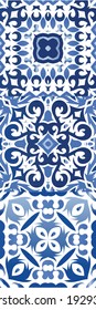 Decorative color ceramic azulejo tiles. Minimal design. Collection of vector seamless patterns. Blue folk ethnic ornaments for print, web background, surface texture, towels, pillows, wallpaper.