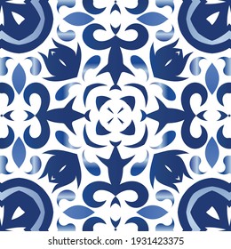 Decorative color ceramic azulejo tiles. Stylish design. Vector seamless pattern watercolor. Blue folk ethnic ornament for print, web background, surface texture, towels, pillows, wallpaper.
