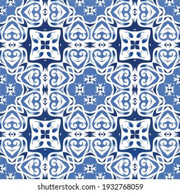 Decorative color ceramic azulejo tiles. Vector seamless pattern illustration. Kitchen design. Blue folk ethnic ornament for print, web background, surface texture, towels, pillows, wallpaper.