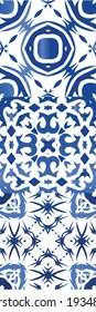 Decorative color ceramic azulejo tiles. Bathroom design. Collection of vector seamless patterns. Blue folk ethnic ornaments for print, web background, surface texture, towels, pillows, wallpaper.