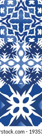 Decorative color ceramic azulejo tiles. Collection of vector seamless patterns. Modern design. Blue folk ethnic ornaments for print, web background, surface texture, towels, pillows, wallpaper.