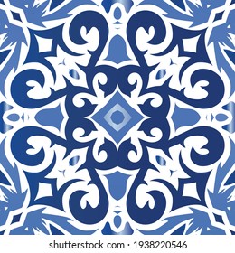 Decorative color ceramic azulejo tiles. Vector seamless pattern theme. Original design. Blue folk ethnic ornament for print, web background, surface texture, towels, pillows, wallpaper.