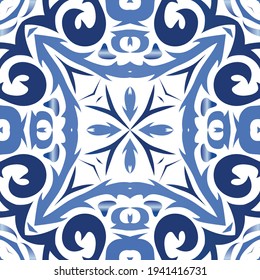 Decorative color ceramic azulejo tiles. Vector seamless pattern frame. Colored design. Blue folk ethnic ornament for print, web background, surface texture, towels, pillows, wallpaper.