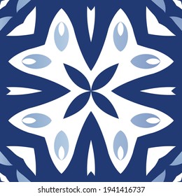 Decorative color ceramic azulejo tiles. Bathroom design. Vector seamless pattern watercolor. Blue folk ethnic ornament for print, web background, surface texture, towels, pillows, wallpaper.