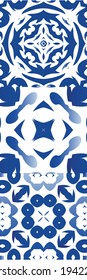 Decorative color ceramic azulejo tiles. Original design. Collection of vector seamless patterns. Blue folk ethnic ornaments for print, web background, surface texture, towels, pillows, wallpaper.