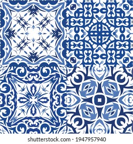 Decorative color ceramic azulejo tiles. Colored design. Kit of vector seamless patterns. Blue folk ethnic ornaments for print, web background, surface texture, towels, pillows, wallpaper.
