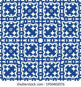 Decorative color ceramic azulejo tiles. Minimal design. Vector seamless pattern illustration. Blue folk ethnic ornament for print, web background, surface texture, towels, pillows, wallpaper.