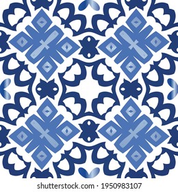 Decorative color ceramic azulejo tiles. Vector seamless pattern arabesque. Kitchen design. Blue folk ethnic ornament for print, web background, surface texture, towels, pillows, wallpaper.
