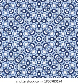 Decorative color ceramic azulejo tiles. Vector seamless pattern concept. Hand drawn design. Blue folk ethnic ornament for print, web background, surface texture, towels, pillows, wallpaper.
