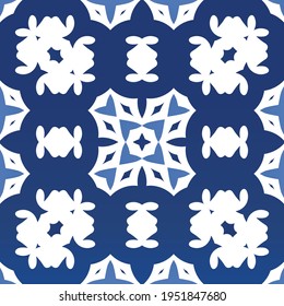 Decorative color ceramic azulejo tiles. Minimal design. Vector seamless pattern elements. Blue folk ethnic ornament for print, web background, surface texture, towels, pillows, wallpaper.