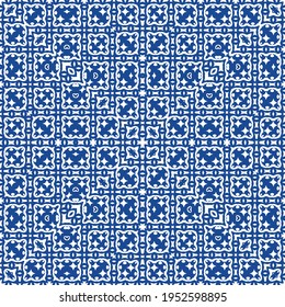 Decorative color ceramic azulejo tiles. Minimal design. Vector seamless pattern illustration. Blue folk ethnic ornament for print, web background, surface texture, towels, pillows, wallpaper.