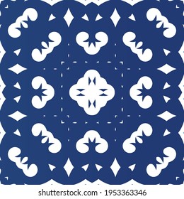 Decorative color ceramic azulejo tiles. Minimal design. Vector seamless pattern concept. Blue folk ethnic ornament for print, web background, surface texture, towels, pillows, wallpaper.