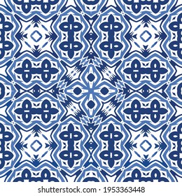 Decorative color ceramic azulejo tiles. Vector seamless pattern watercolor. Modern design. Blue folk ethnic ornament for print, web background, surface texture, towels, pillows, wallpaper.