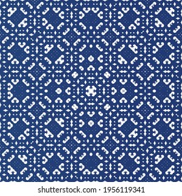 Decorative color ceramic azulejo tiles. Minimal design. Vector seamless pattern concept. Blue folk ethnic ornament for print, web background, surface texture, towels, pillows, wallpaper.