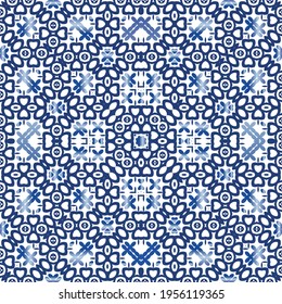 Decorative color ceramic azulejo tiles. Vector seamless pattern arabesque. Kitchen design. Blue folk ethnic ornament for print, web background, surface texture, towels, pillows, wallpaper.