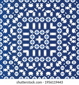 Decorative color ceramic azulejo tiles. Minimal design. Vector seamless pattern elements. Blue folk ethnic ornament for print, web background, surface texture, towels, pillows, wallpaper.