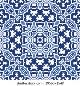 Decorative color ceramic azulejo tiles. Vector seamless pattern concept. Hand drawn design. Blue folk ethnic ornament for print, web background, surface texture, towels, pillows, wallpaper.