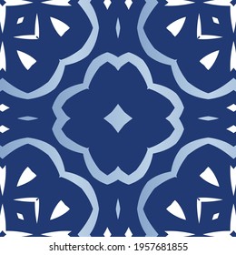 Decorative color ceramic azulejo tiles. Stylish design. Vector seamless pattern watercolor. Blue folk ethnic ornament for print, web background, surface texture, towels, pillows, wallpaper.