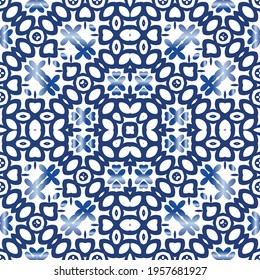 Decorative color ceramic azulejo tiles. Vector seamless pattern arabesque. Kitchen design. Blue folk ethnic ornament for print, web background, surface texture, towels, pillows, wallpaper.