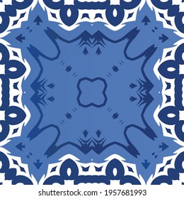 Decorative color ceramic azulejo tiles. Vector seamless pattern watercolor. Modern design. Blue folk ethnic ornament for print, web background, surface texture, towels, pillows, wallpaper.