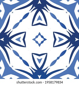 Decorative color ceramic azulejo tiles. Geometric design. Vector seamless pattern frame. Blue folk ethnic ornament for print, web background, surface texture, towels, pillows, wallpaper.