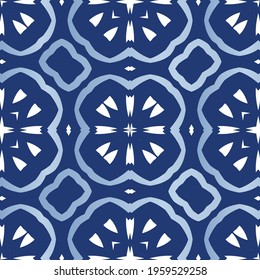 Decorative color ceramic azulejo tiles. Stylish design. Vector seamless pattern watercolor. Blue folk ethnic ornament for print, web background, surface texture, towels, pillows, wallpaper.