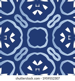 Decorative color ceramic azulejo tiles. Stylish design. Vector seamless pattern watercolor. Blue folk ethnic ornament for print, web background, surface texture, towels, pillows, wallpaper.
