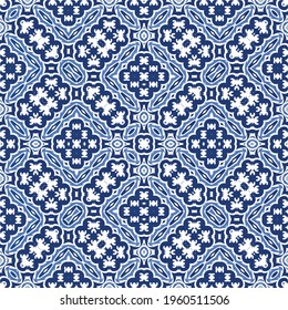 Decorative color ceramic azulejo tiles. Vector seamless pattern concept. Hand drawn design. Blue folk ethnic ornament for print, web background, surface texture, towels, pillows, wallpaper.
