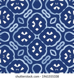 Decorative color ceramic azulejo tiles. Stylish design. Vector seamless pattern watercolor. Blue folk ethnic ornament for print, web background, surface texture, towels, pillows, wallpaper.