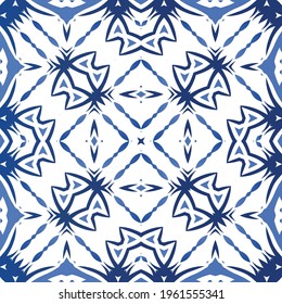 Decorative color ceramic azulejo tiles. Geometric design. Vector seamless pattern frame. Blue folk ethnic ornament for print, web background, surface texture, towels, pillows, wallpaper.