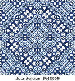 Decorative color ceramic azulejo tiles. Vector seamless pattern concept. Hand drawn design. Blue folk ethnic ornament for print, web background, surface texture, towels, pillows, wallpaper.