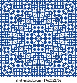 Decorative color ceramic azulejo tiles. Minimal design. Vector seamless pattern illustration. Blue folk ethnic ornament for print, web background, surface texture, towels, pillows, wallpaper.