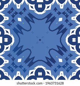 Decorative color ceramic azulejo tiles. Vector seamless pattern watercolor. Modern design. Blue folk ethnic ornament for print, web background, surface texture, towels, pillows, wallpaper.