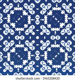 Decorative color ceramic azulejo tiles. Minimal design. Vector seamless pattern elements. Blue folk ethnic ornament for print, web background, surface texture, towels, pillows, wallpaper.