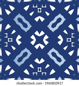 Decorative color ceramic azulejo tiles. Stylish design. Vector seamless pattern watercolor. Blue folk ethnic ornament for print, web background, surface texture, towels, pillows, wallpaper.